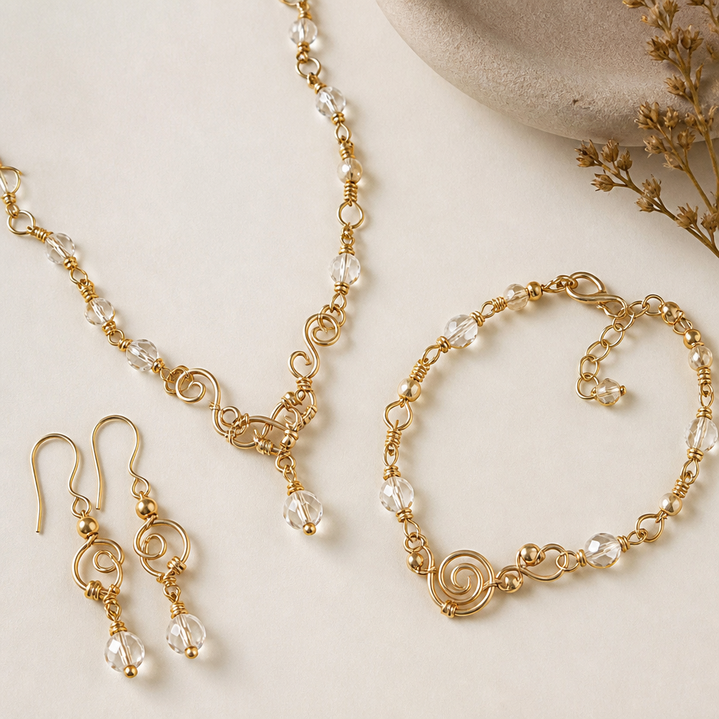 A vintage women's earrings made of gold suitable for daily wear, minimalist, simple and delicate, clean lines. made from wire, seed beads and crystal beads a set of earrings with matching bracelet and necklace
photorealistic jewelry design, A vintage women's earrings made of gold suitable for daily wear, minimalist, simple and delicate, clean lines. made from wire, seed beads and crystal beads a set of earrings with matching bracelet and necklace, vintage style, just the design no text