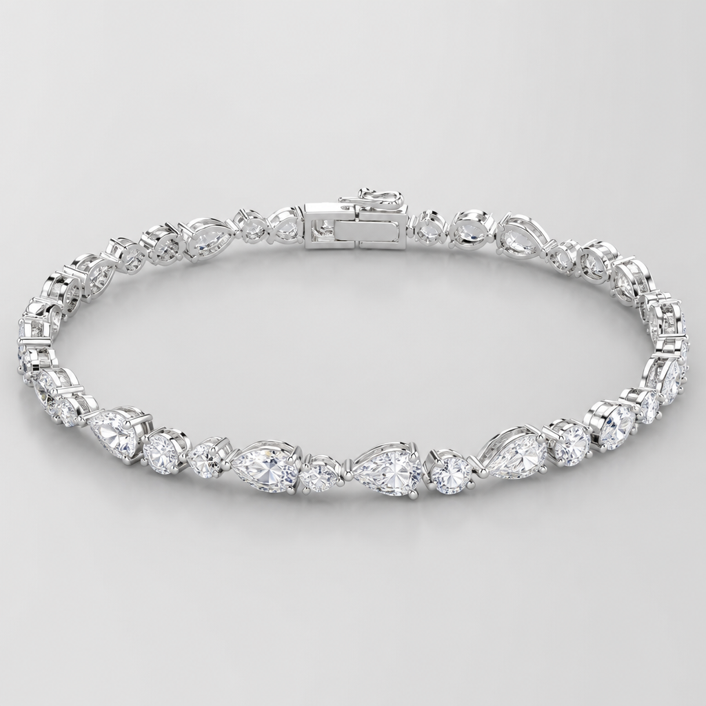A women's ring. bracelet white gold 10k using alternating round 8pcs 3.50mm,pear shape 7pcs 5.5x3.50mm,ovals 7pcs 5x3.50mm,marquise 7pcs 7x3.50mm, pear shape 9pcs
photorealistic jewelry design, A women's ring. bracelet white gold 10k using alternating round 8pcs 3.50mm,pear shape 7pcs 5.5x3.50mm,ovals 7pcs 5x3.50mm,marquise 7pcs 7x3.50mm, pear shape 9pcs, modern style, just the design no text