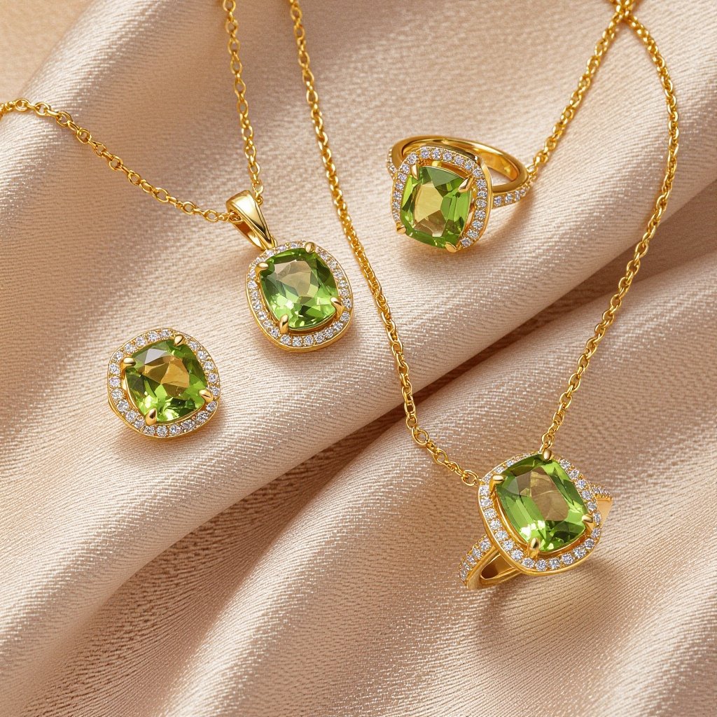 Modern peridot earring and necklace and ring  jewelry design with gold