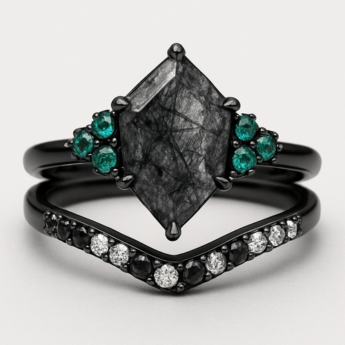 Black band, kite cut rutilated black quartz, emerald accent stones 3 on each side in a cluster, add a wedding band that curves around main stone with black and white stones