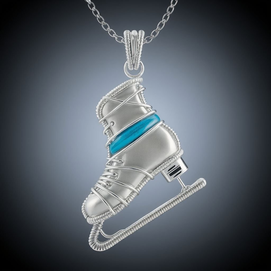 Silver Pendant shape one ice skate with turquoise stripe inside the low thin part blade