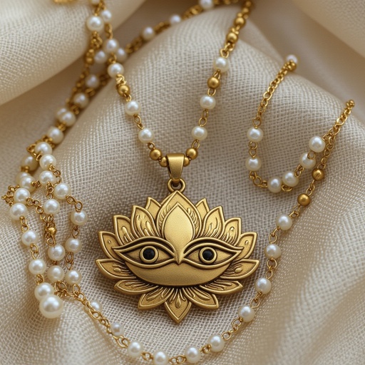 Кулон на длинной цепочке. Матовое светлое золото. В цепочке небольшие золотые шарики и жемчуг. Кулон в виде двух глаз над ними лотос узоры завитушки 