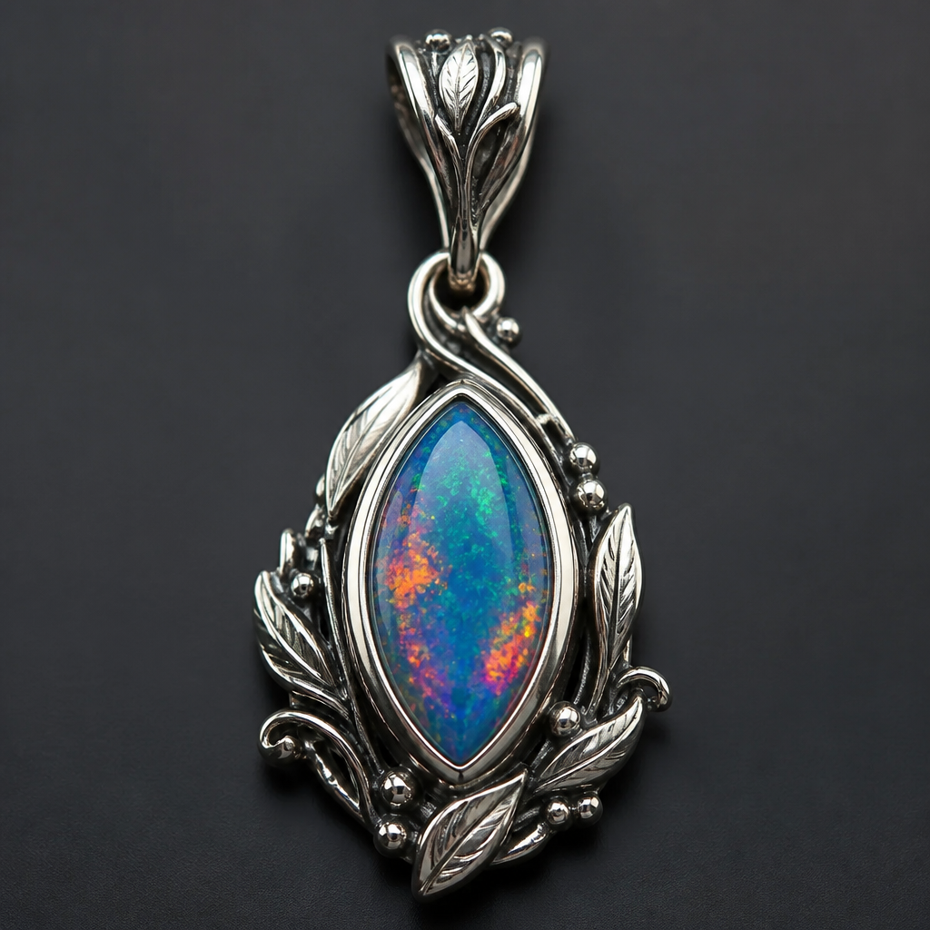 A nature-inspired women's pendant made of silver suitable for birthday, detailed and decorative, moderately ornate. A pendant setting for a faceted, deep keel, marquise cut opal measuring 17mm long, 6mm wide with a 5mm deep keel.
photorealistic jewelry design, A nature-inspired women's pendant made of silver suitable for birthday, detailed and decorative, moderately ornate. A pendant setting for a faceted, deep keel, marquise cut opal measuring 17mm long, 6mm wide with a 5mm deep keel., nature_inspired style, just the design no text