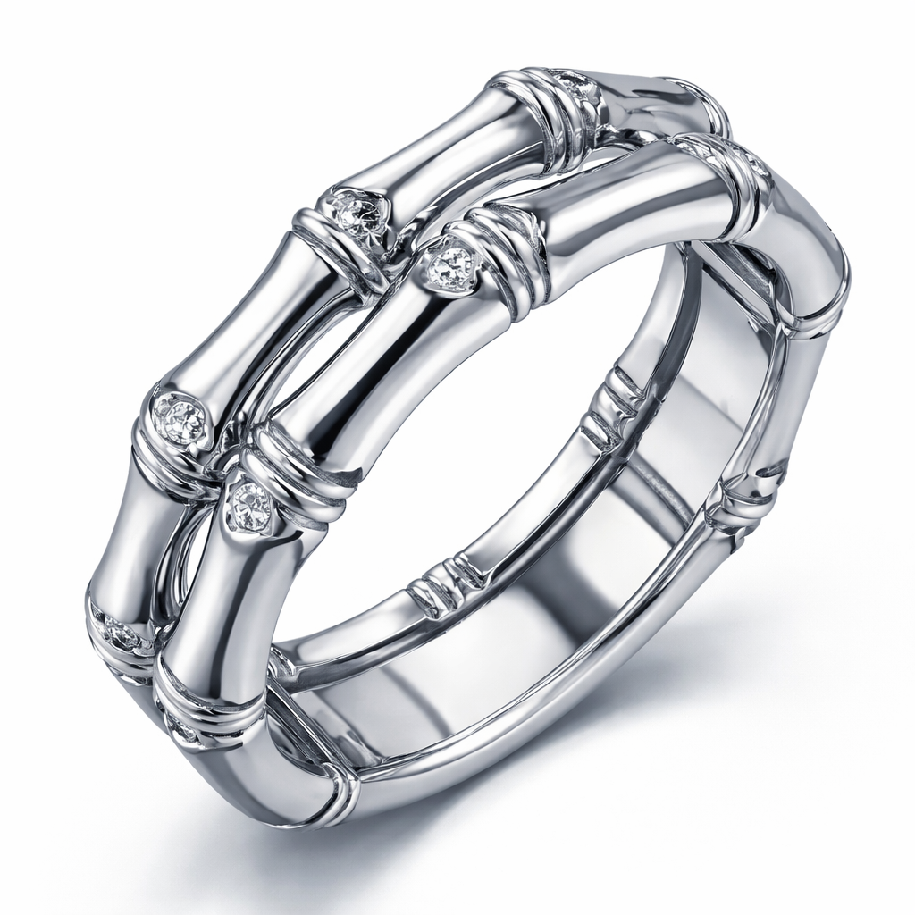 For men The Bamboo ring translates the lightness and resilience associated with bamboo into a continuous, sculptural design. Crafted in 18k white gold, diamonds are placed with intention throughout the piece, enhancing its graphic character and refined sense of precision.