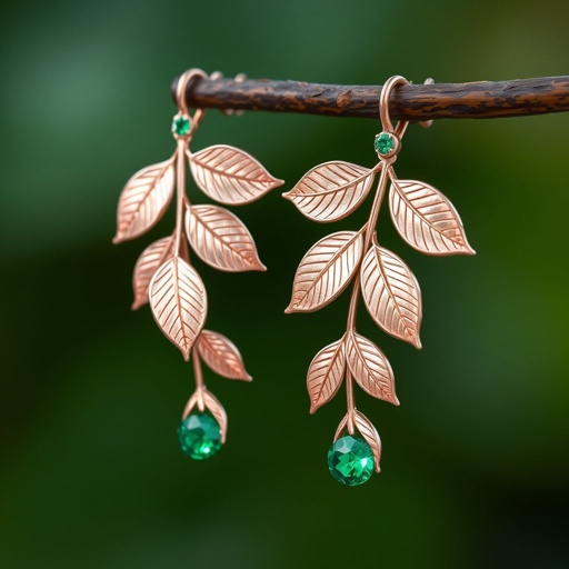 Pink goldleaves shaped with small emeralds ear ring on top
