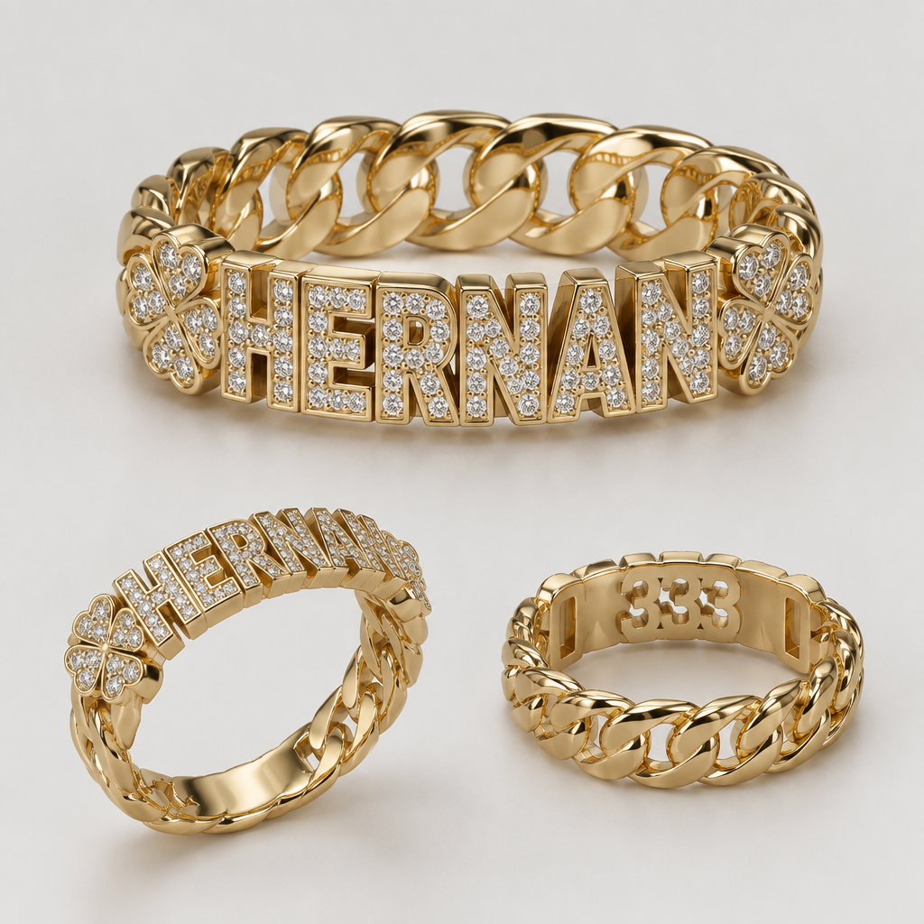 A women's ring. quiero que sea una cubana con el nombre "HERNAN". Y que en las esquinas tengan trébol de 4 ojas, como para decorar, y que en bail sea un 333
photorealistic jewelry design, A women's ring. quiero que sea una cubana con el nombre "HERNAN". Y que en las esquinas tengan trébol de 4 ojas, como para decorar, y que en bail sea un 333, modern style, just the design no text