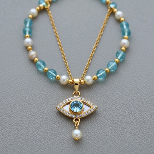 Тонкая цепочка с золотыми и серебряными шариками и мелкими жемчужными камушками на цепочке есть кулон в форме глаза, зрачок глаза из аквамарина от глаза идет маленькая подвеска с маленькими камушками аквамарина 