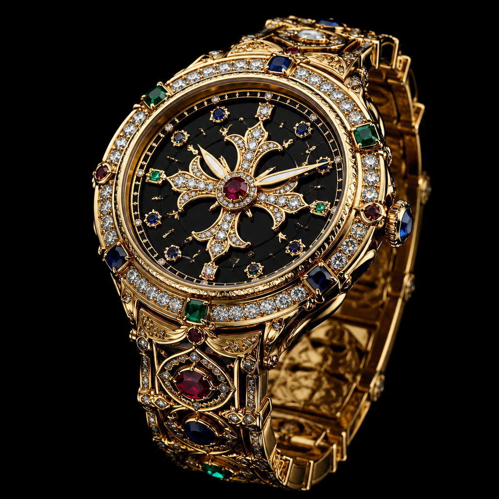 A gothic men's watch made of gold with diamond and emerald and sapphire and ruby stones suitable for wedding
photorealistic jewelry design, A gothic men's watch made of gold with diamond and emerald and sapphire and ruby stones suitable for wedding, gothic style, just the design no text