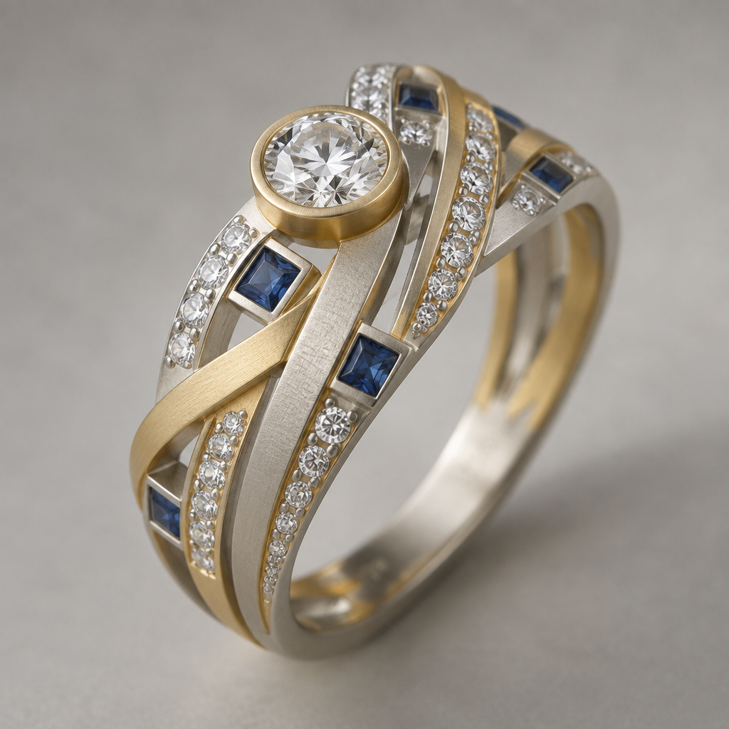 A bespoke/custom women's ring made of mixed metal with diamond and sapphire stones. design ring using 33 .10 carat diamonds, 7 .10 carat square sapphires, and one .50 carat round diamond. metals should be white and yellow gold with a matte finish. do not cluster gems.
photorealistic jewelry design, A bespoke/custom women's ring made of mixed metal with diamond and sapphire stones. design ring using 33 .10 carat diamonds, 7 .10 carat square sapphires, and one .50 carat round diamond. metals should be white and yellow gold with a matte finish. do not cluster gems., bespoke_custom style, just the design no text