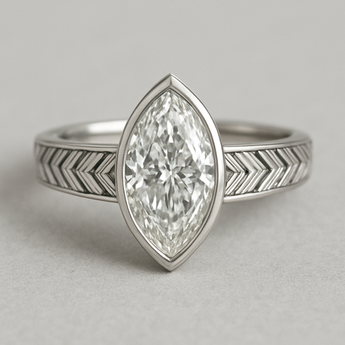 Bezel set 6 carat marquise diamond center stone with baguette diamonds in a herringbone pattern in the band