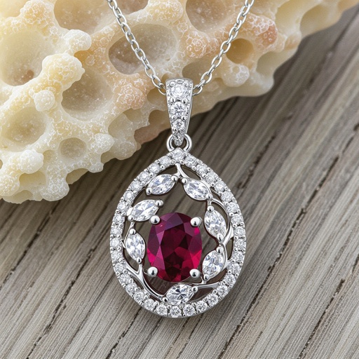 7x5mm oval pigeon blood ruby with 8 marquis cut diamonds each .08ct set in white gold pendant 