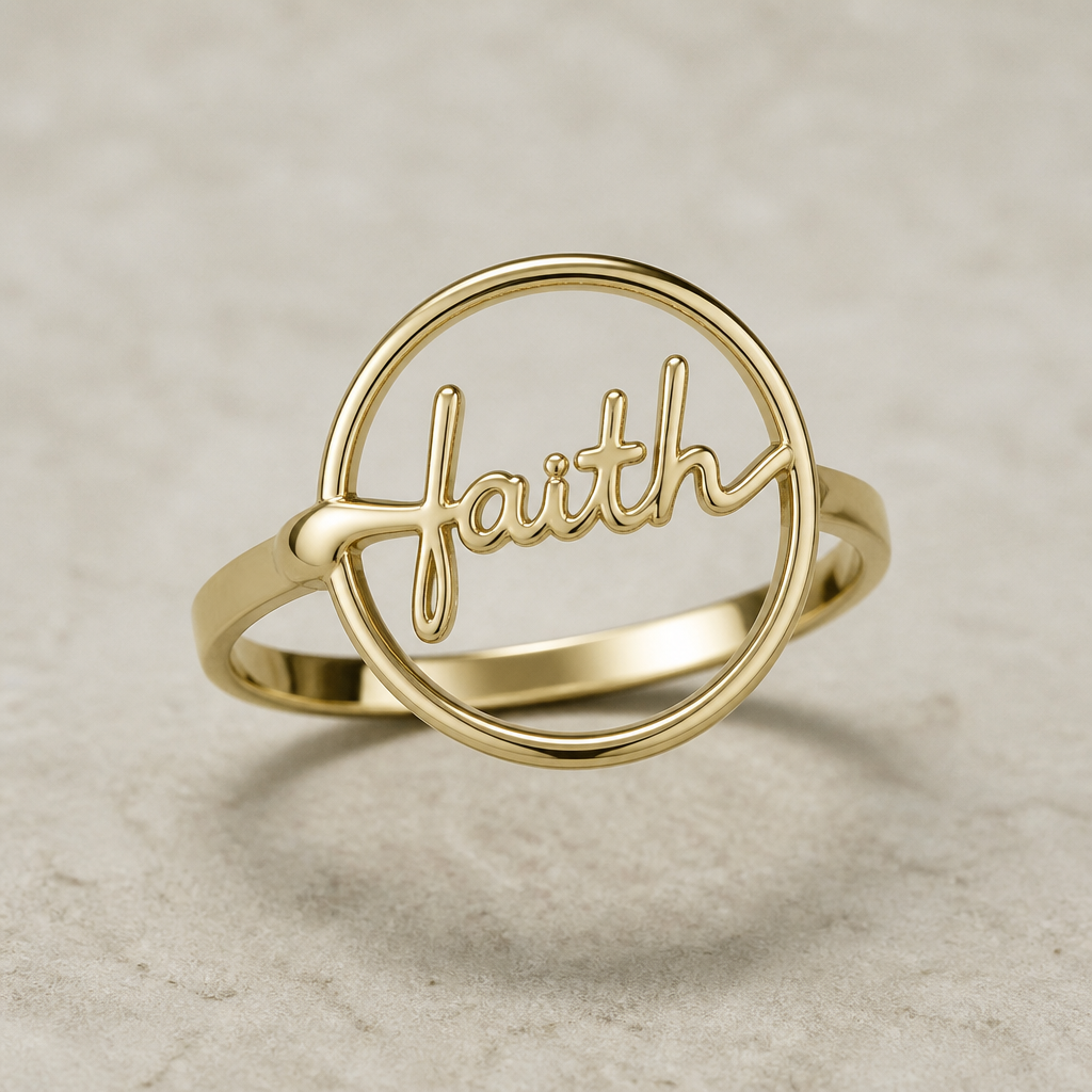 A women's ring. a ring with circle on top and faith written inside the circle
photorealistic jewelry design, A women's ring. a ring with circle on top and faith written inside the circle, modern style, just the design no text