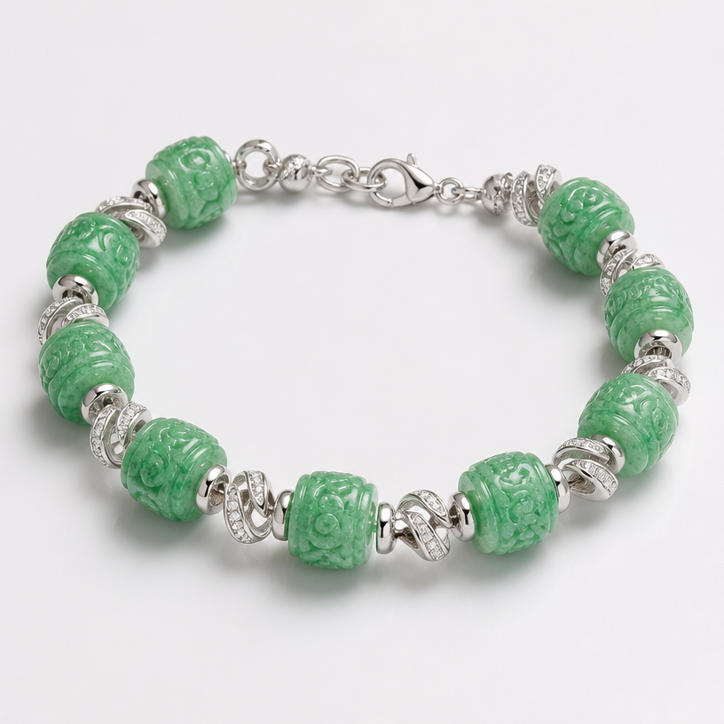 A abstract women's bracelet with diamond stones, detailed and decorative, moderately ornate. Create a 6-inch bracelet using the 12 beads shown in the attached picture. Each bead is 9.7 millimeters long.
using the attached image as a visual reference, create A abstract women's bracelet with diamond stones, detailed and decorative, moderately ornate. Create a 6-inch bracelet using the 12 beads shown in the attached picture. Each bead is 9.7 millimeters long.. photorealistic, just the design no text