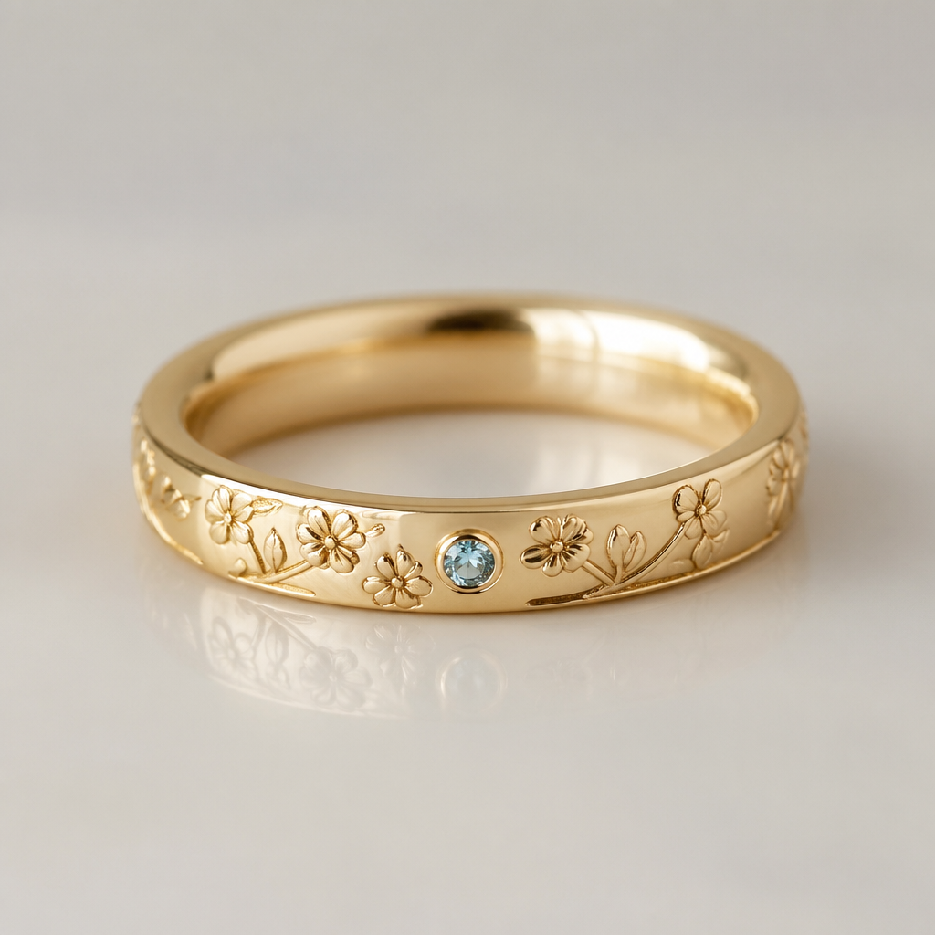 A minimalist women's ring made of gold with aquamarine stones suitable for wedding. “Je voudrais une alliance en or, avec des motifs floraux fins à l’extérieur, et jai deja deux bague en or et une aige marine et une gravure personnalisée à l’intérieur.
photorealistic jewelry design, A minimalist women's ring made of gold with aquamarine stones suitable for wedding. “Je voudrais une alliance en or, avec des motifs floraux fins à l’extérieur, et jai deja deux bague en or et une aige marine et une gravure personnalisée à l’intérieur., minimalist style, just the design no text