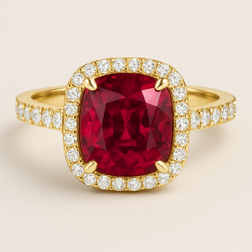 Cushion ruby ring H letter design 