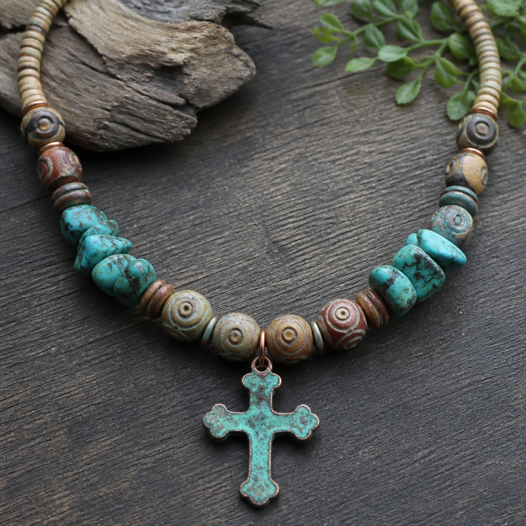 "8.5-9mm soapstone in earth tones with carved eye round beads, turquoise chunky chips 9x12mm, Heishi beads 3mm, copper with green patina cross pendant 3x4" necklace "
photorealistic jewelry design, "8.5-9mm soapstone in earth tones with carved eye round beads, turquoise chunky chips 9x12mm, Heishi beads 3mm, copper with green patina cross pendant 3x4" necklace ", nature_inspired style, just the design no text