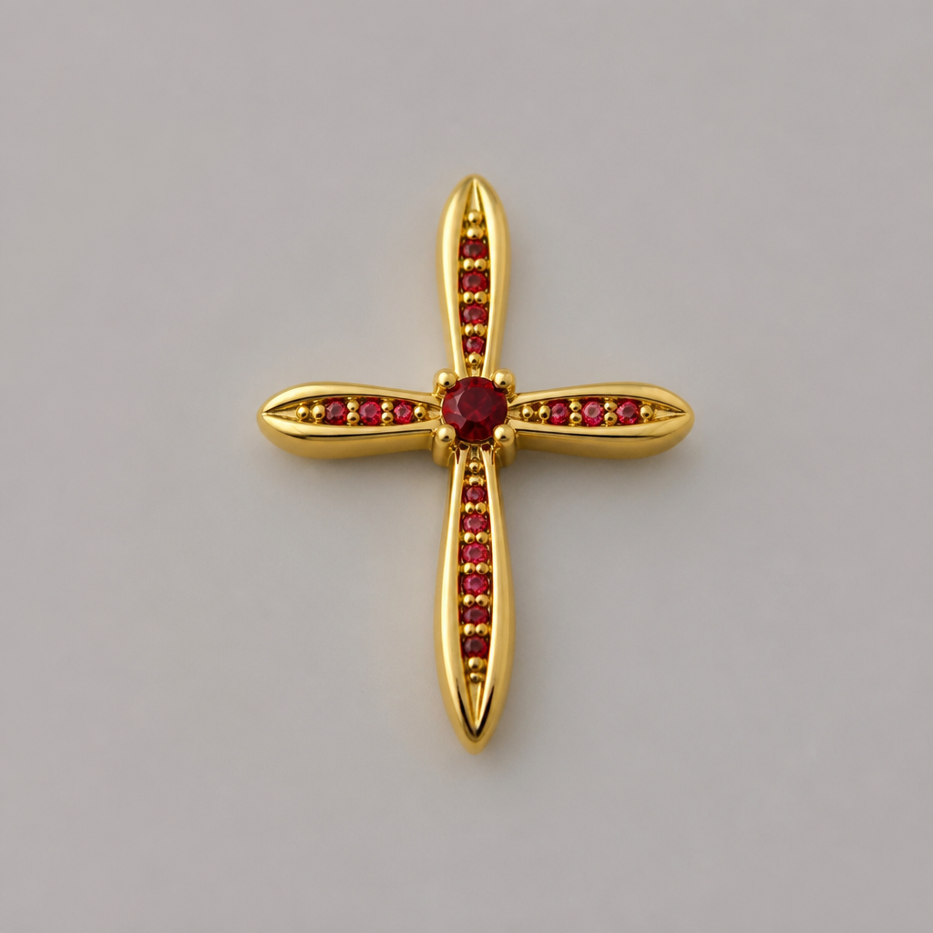 Dainty and feminine Gold cross with rubies, majority gold . Hidden bail
photorealistic jewelry design, Dainty and feminine Gold cross with rubies, majority gold . Hidden bail, contemporary style, just the design no text