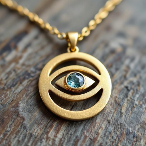 Подвеска из матового золота с узорами и мелкими необработанными камнями в форме двух пересекающихся окружностей и глаза между ними