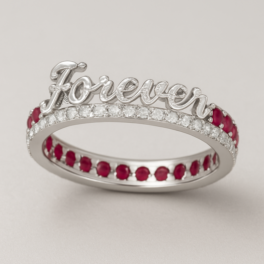 ruby ring with Forever word with Diamond