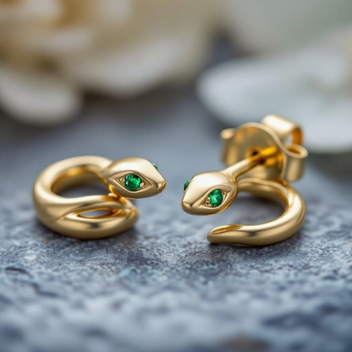 Небольшие золотые матовые серьги в виде символической змеи