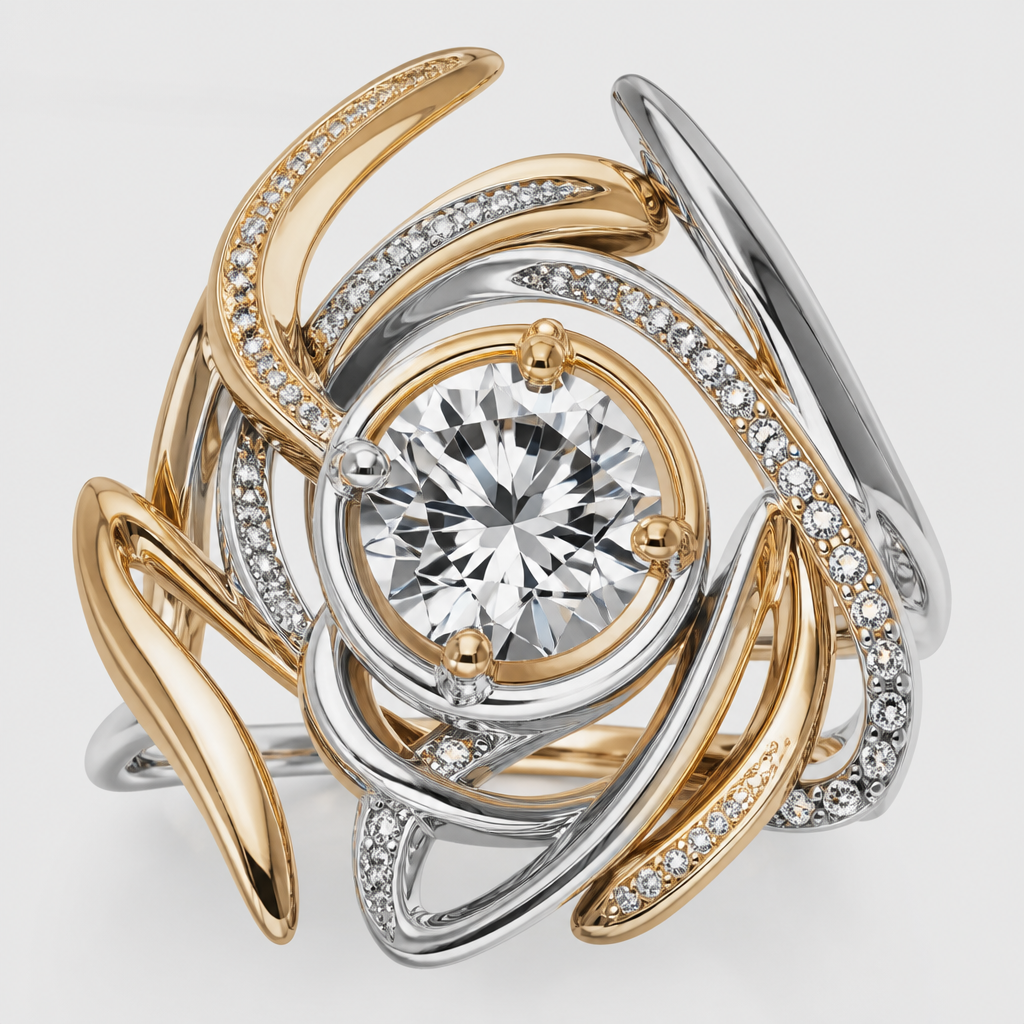 A avant-garde women's ring made of mixed metal with diamond stones suitable for festival. An extraordinary excellent beautiful delicate and elegant solitaire women ring. Face of the ring.
photorealistic jewelry design, A avant-garde women's ring made of mixed metal with diamond stones suitable for festival. An extraordinary excellent beautiful delicate and elegant solitaire women ring. Face of the ring., avant_garde style, just the design no text