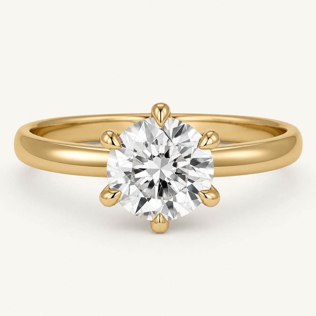 2.5 carat round diamond with 14K gold band, thick but not as thick as the last one, 6 prong flower basket
photorealistic jewelry design, 2.5 carat round diamond with 14K gold band, thick but not as thick as the last one, 6 prong flower basket, just the design no text