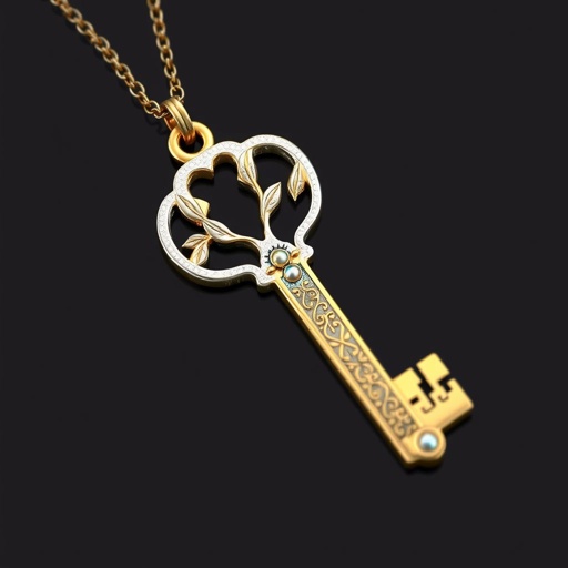 Old skeleton key shape gold and silver tones with olive branch turning on leg and keffieh print on the tip