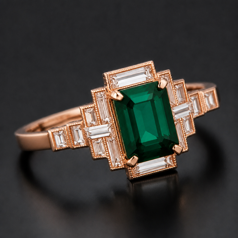 Make it rose gold and emerald green stone
edit the attached jewelry design with these instructions: Make it rose gold and emerald green stone. keep it photorealistic, just the design no text