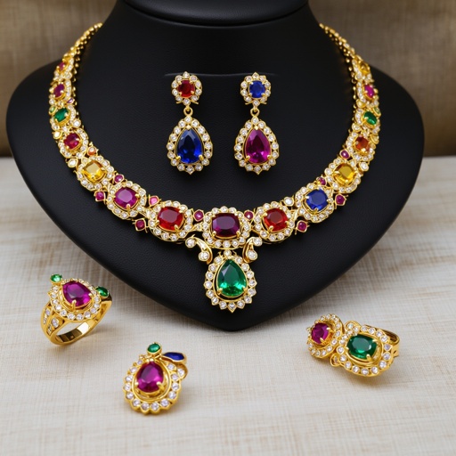 Necklace and ring and earring with luxury colorful jewel with gold