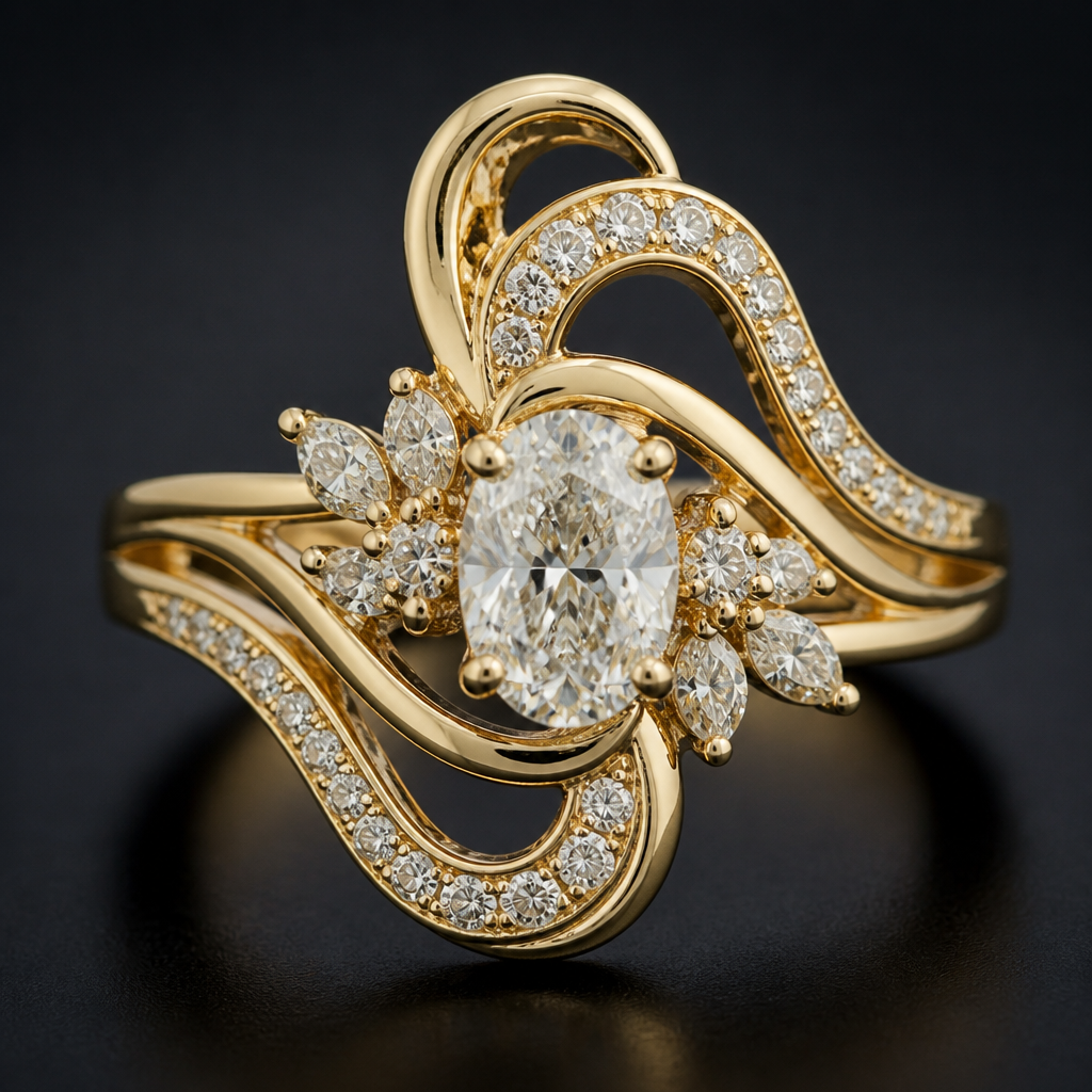 A abstract women's ring with diamond stones suitable for wedding, detailed and decorative, moderately ornate. A 0.70-carat oval diamond is used as the center stone.
photorealistic jewelry design, A abstract women's ring with diamond stones suitable for wedding, detailed and decorative, moderately ornate. A 0.70-carat oval diamond is used as the center stone., abstract style, just the design no text