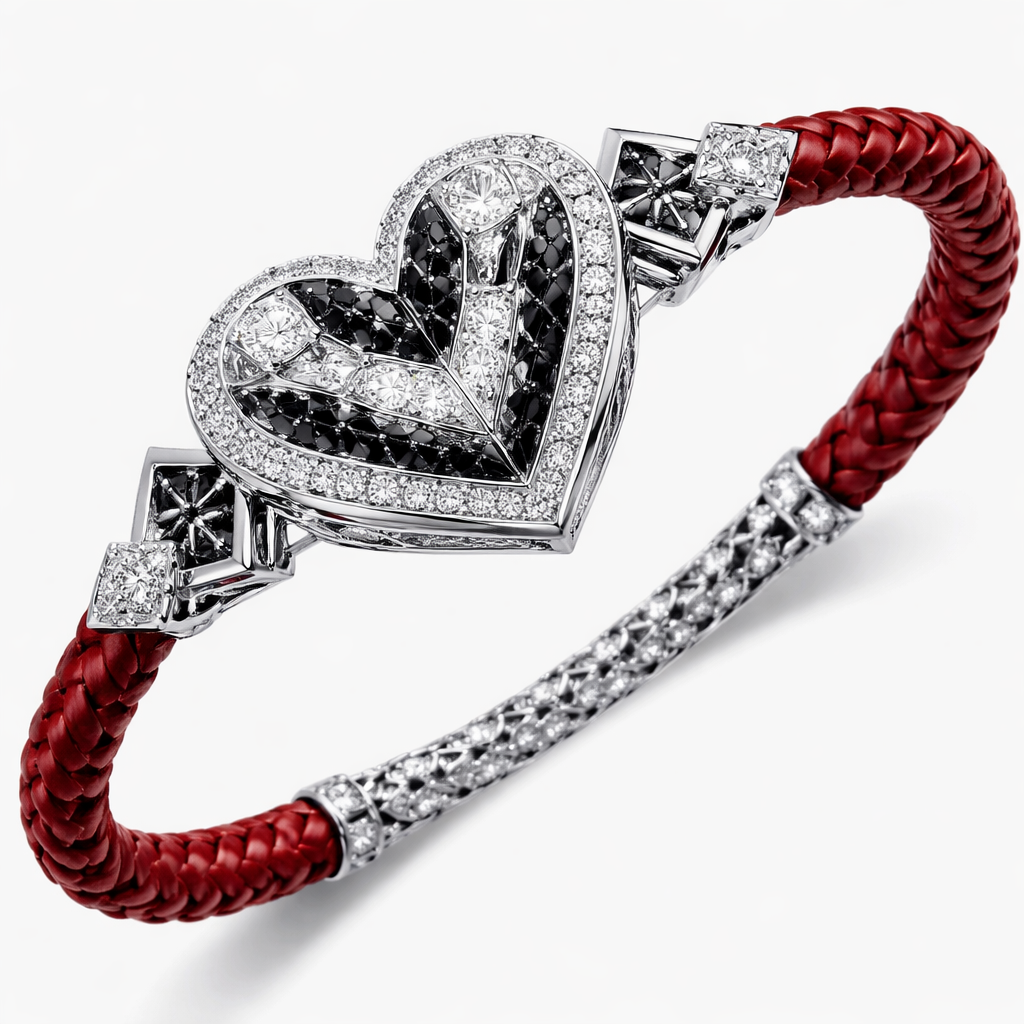 Geomatric bangle of heart of ede style and shape white black diamonds of love shape of little bit of stones and chain of red leather