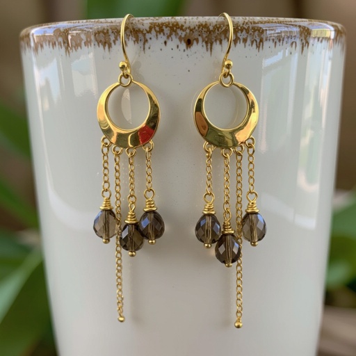 Золотые серьги полумесяц вертикальный 2 см, сверху крепится к швензе. От полумесяца идет три цепочки золотого цвета, у каждой на конце камушек раухтопаз