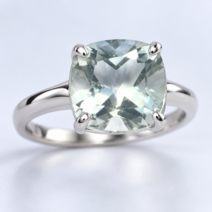 A classic women's ring made of white gold. 2.3 ct pale green almost white aquamarine cushion cut
using the attached image as a visual reference, create A classic women's ring made of white gold. 2.3 ct pale green almost white aquamarine cushion cut. photorealistic, just the design no text