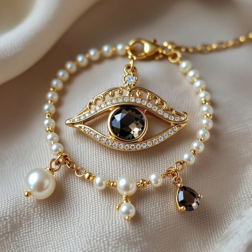 Тонкая цепочка с золотыми шариками и мелкими жемчужными камушками на цепочке есть кулон в форме глаза, зрачок глаза из раухтопаза от глаза идет маленькая подвеска с маленьким камушком 