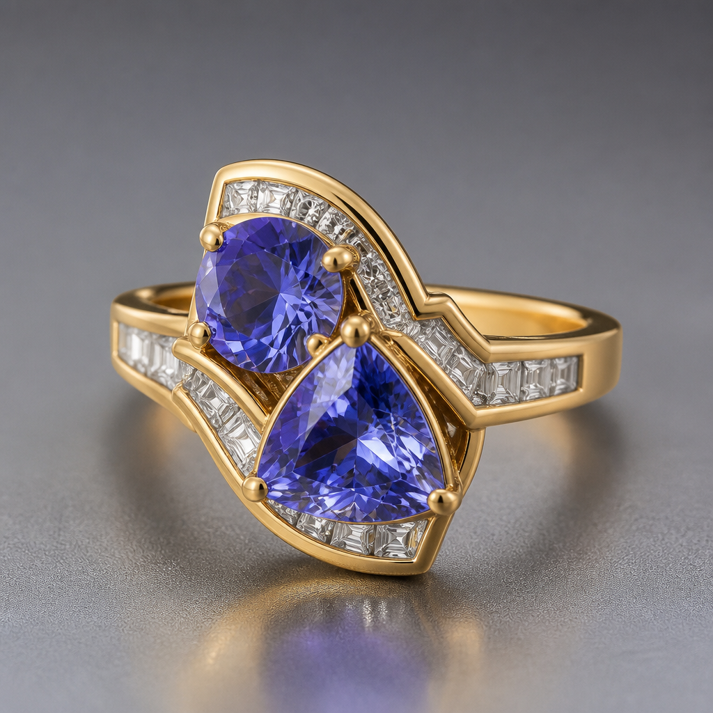 A art deco women's ring made of gold with diamond stones suitable for daily wear. 6mm round tanzinite, 8mm trillion tanzinite with channel set diamond accents, free-form design
photorealistic jewelry design, A art deco women's ring made of gold with diamond stones suitable for daily wear. 6mm round tanzinite, 8mm trillion tanzinite with channel set diamond accents, free-form design, art_deco style, just the design no text