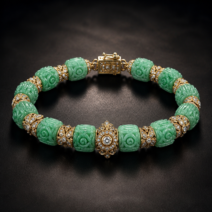 A asian-inspired women's bracelet with diamond stones suitable for formal, highly ornate, intricate and elaborate, richly detailed. Create a 6-inch bracelet using the 12 beads shown in the attached picture. Each bead is 9.7 millimeters long.
using the attached image as a visual reference, create A asian-inspired women's bracelet with diamond stones suitable for formal, highly ornate, intricate and elaborate, richly detailed. Create a 6-inch bracelet using the 12 beads shown in the attached picture. Each bead is 9.7 millimeters long.. photorealistic, just the design no text