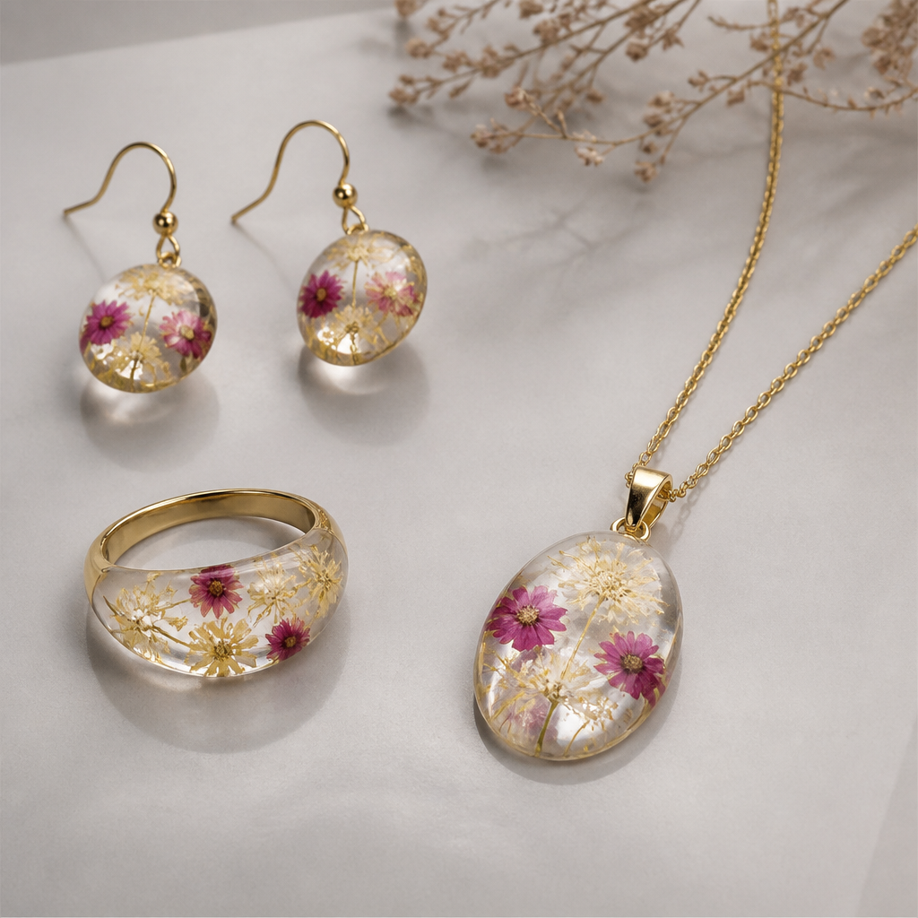 A women's ring. A classic jewelry set from a ear rings, hand ring, necklace matching made from dried flowers and resin
photorealistic jewelry design, A women's ring. A classic jewelry set from a ear rings, hand ring, necklace matching made from dried flowers and resin, modern style, just the design no text