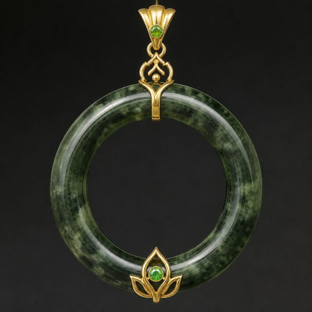 Use a dark green mottled jade bracelet 2.25” in a pendant design
photorealistic jewelry design, Use a dark green mottled jade bracelet 2.25” in a pendant design
, bespoke style, just the design no text