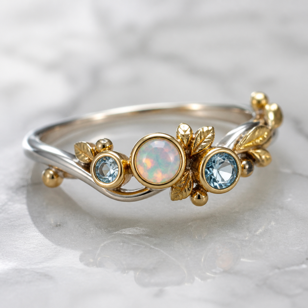 A minimalist women's ring made of mixed metal with opal and topaz and aquamarine stones suitable for festival. A modern women ring with little ornaments of modern motifs.
photorealistic jewelry design, A minimalist women's ring made of mixed metal with opal and topaz and aquamarine stones suitable for festival. A modern women ring with little ornaments of modern motifs., minimalist style, just the design no text