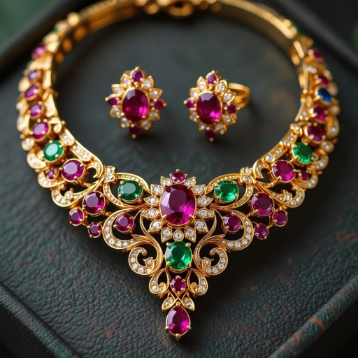 Necklace and ring and earring with luxury colorful jewel with gold