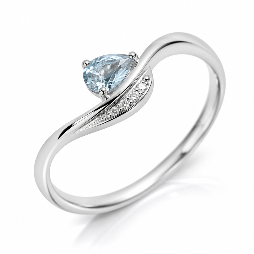 A modern women's ring made of white gold with topaz and diamond stones suitable for anniversary, minimalist, simple and delicate, clean lines. artistic, modern, structured, simple
using the attached image as a visual reference, create A modern women's ring made of white gold with topaz and diamond stones suitable for anniversary, minimalist, simple and delicate, clean lines. artistic, modern, structured, simple. photorealistic, just the design no text