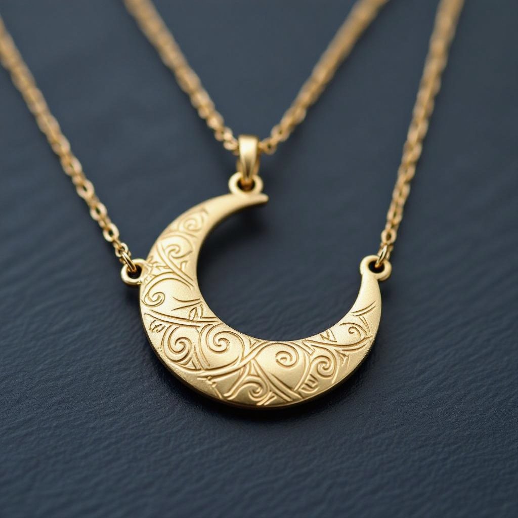 Подвеска из трех полумесяцев из матового неровного светлого золота с узорами соединенных цепочкой сверху самый широкий полукруг дальше средний и снизу самый маленький