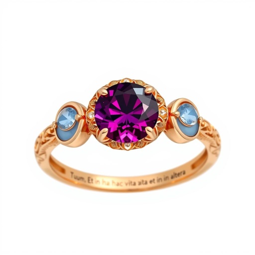 A simple, three stone 18 karat rose gold engagement ring set with a circular alexandrite. Also set with a small half moon blue chalcedony on one side right next to it, and a small half moon moonstone set on the other side right next to it. On the inside of the band, it has an inscription reading, “Tuum. Et in hac vita et in altera.”