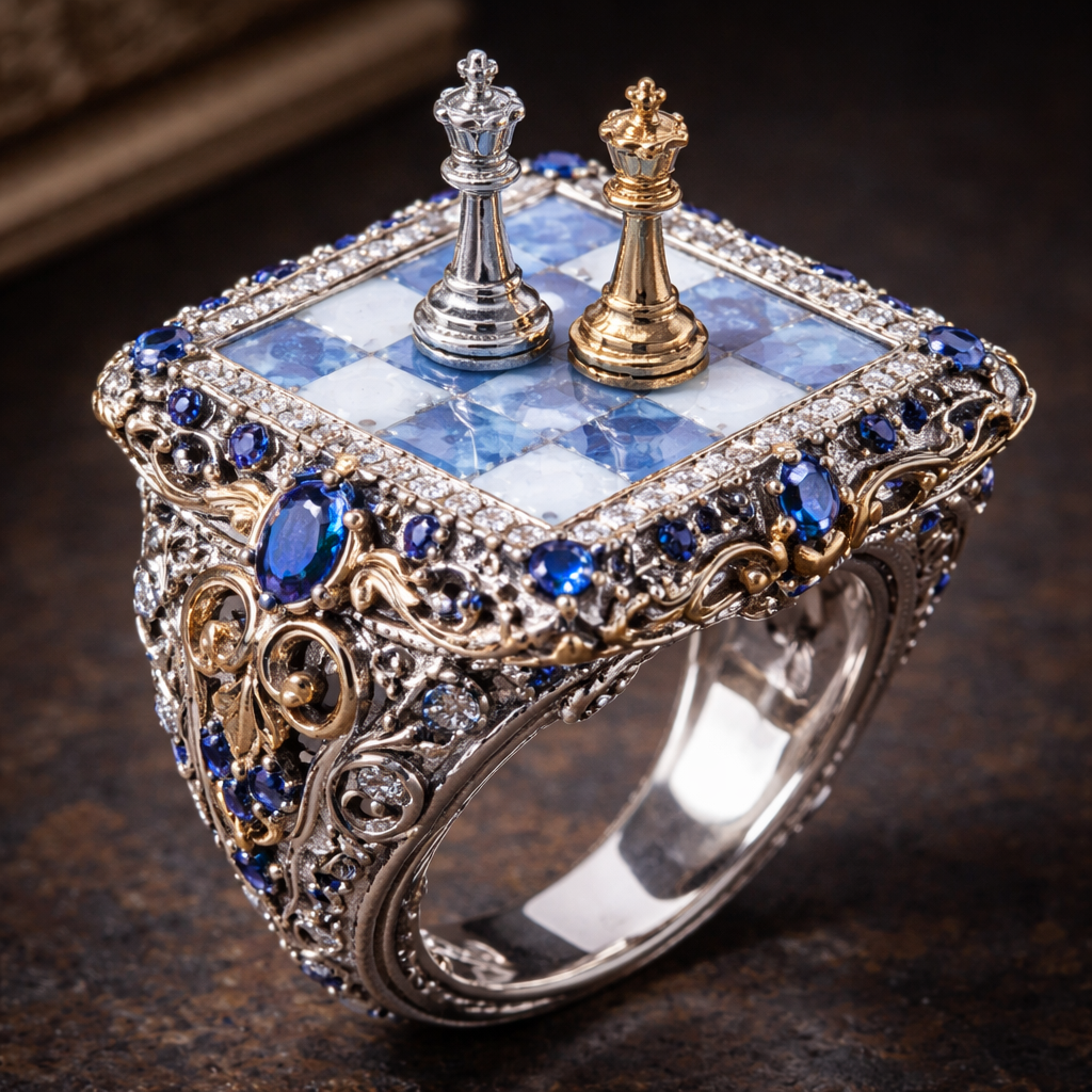 Make a blue lace agate chess board themed ring with a royal blue.