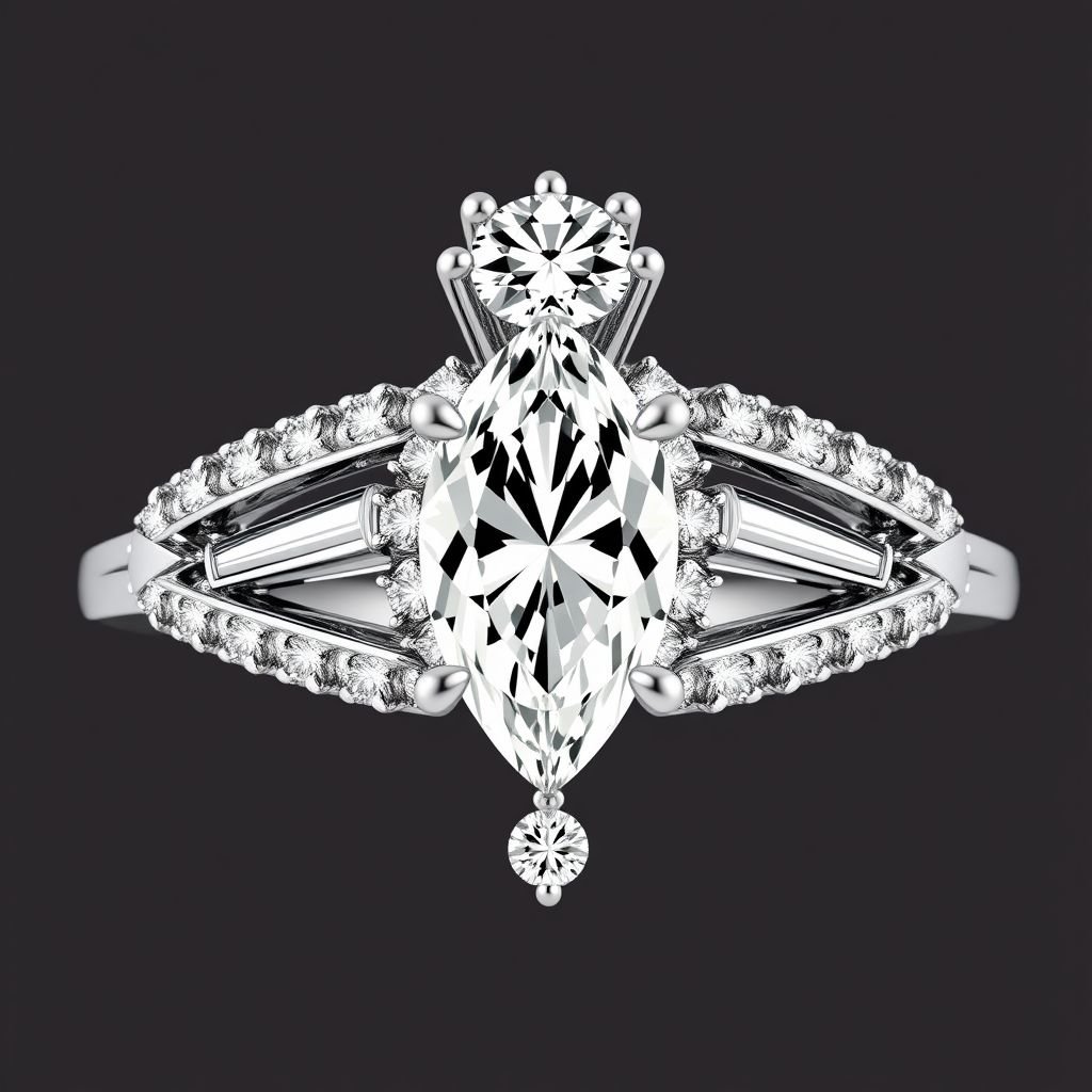 Make a ring with a 1 carat kite cut salt and pepper diamond with a half sunburst halo at the bottom with a center marquise, baguette, two stacked round diamonds and round diamonds on descending size on either side with 14K white gold metal. On the top of the center stone place one small round diamond with two smaller round diamonds beside it