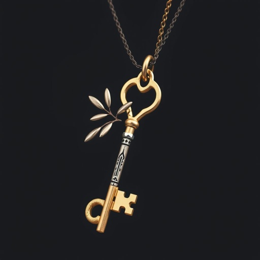 Old skeleton key shape gold and silver tones with olive branch turning on leg and keffieh print on the tip
