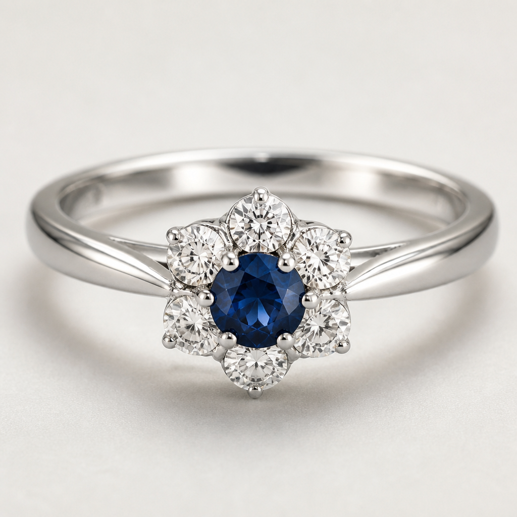 A classic women's ring made of silver with sapphire and diamond stones suitable for birthday. anello con Zaffiro blu centrale rotondo e 6 diamanti modello mora montato su oro bianco.
photorealistic jewelry design, A classic women's ring made of silver with sapphire and diamond stones suitable for birthday. anello con Zaffiro blu centrale rotondo e 6 diamanti modello mora montato su oro bianco., classic style, just the design no text