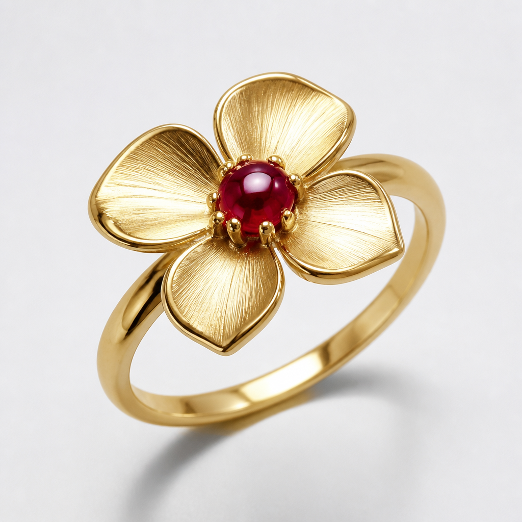 A women's ring. flower ring with a ruby bead in the middle
photorealistic jewelry design, A women's ring. flower ring with a ruby bead in the middle, modern style, just the design no text