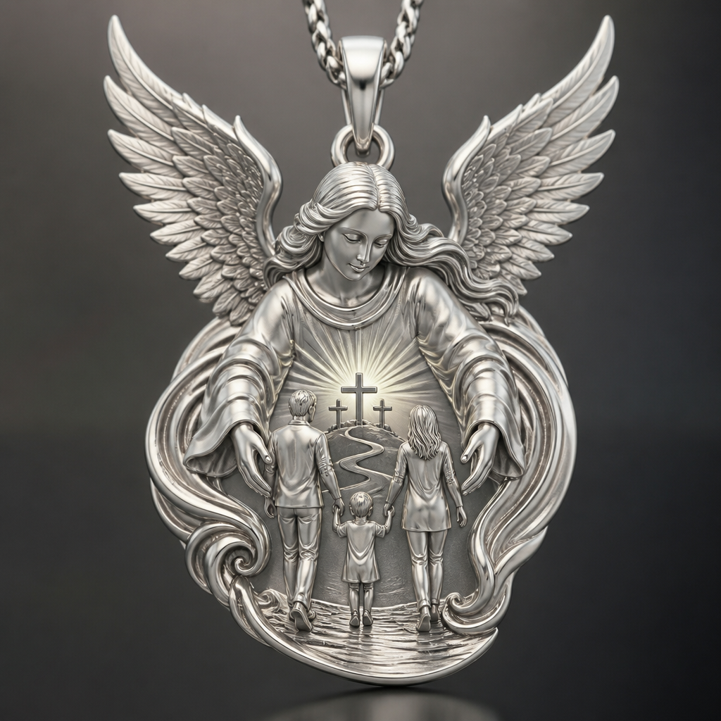 A modern women's pendant made of silver suitable for festival. An extraordinary excellent beautiful delicate and elegant pendant with the Guardian Angel with a beautiful delicate and elegant face, with long hair, with big wings flying, with a beautiful delicate elegant and with beautiful curves at her body, with a beautiful delicate and elegant tunic holding a child and an adult with its hands protecting them and guiding them on the way of the Holy Trinity. Sawing the way of the Holy Trinity in front of them.