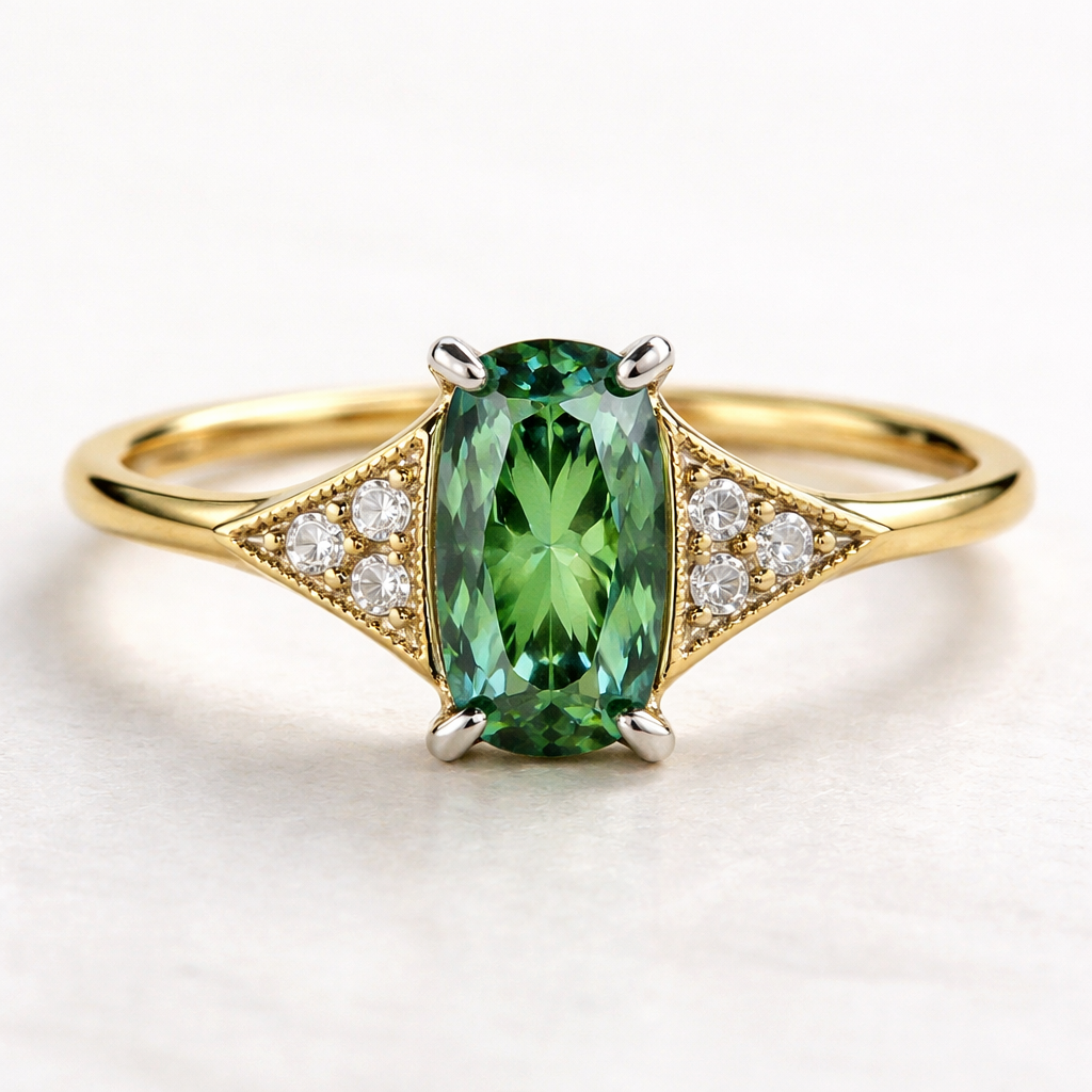 A yellow gold 18 carat very thin band with a sharp angled edge ring. Central green sapphire in a n elongated cushion cut. Either side of the central sapphire are three very small diamonds on each side in a triangle formation with a bevelled edge border. The profile of the stones are raised higher off the ring to accommodate a round wedding band underneath. All stones are held in place by four platinum pointy prongs.